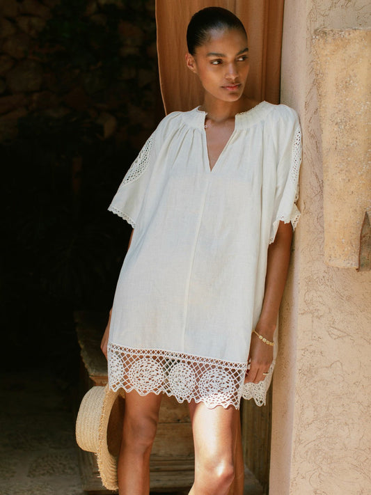 Linen Embroidered Shift Dress Ivory | Women