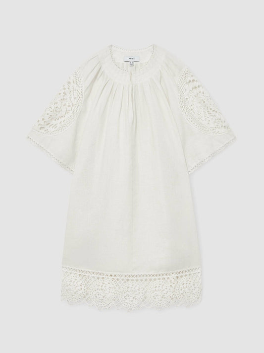 Linen Embroidered Shift Dress Ivory | Women