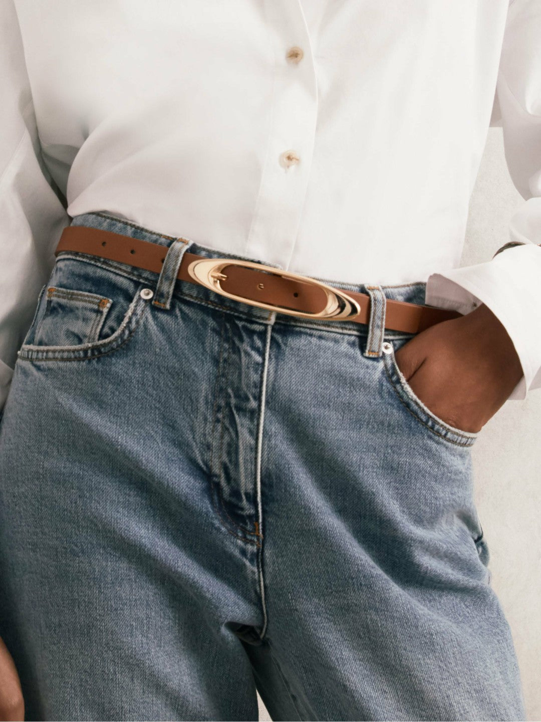 Leather Oval-Buckle Belt Tan | Women