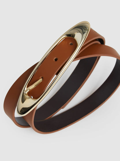 Leather Oval-Buckle Belt Tan | Women