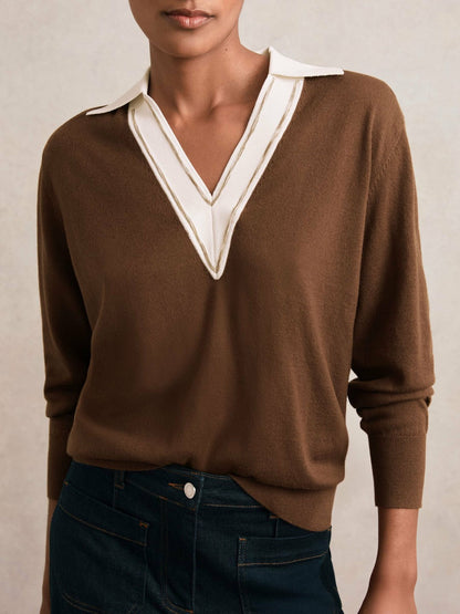 Wool Collared Cricket Jumper Chocolate Brown/Ivory | Women