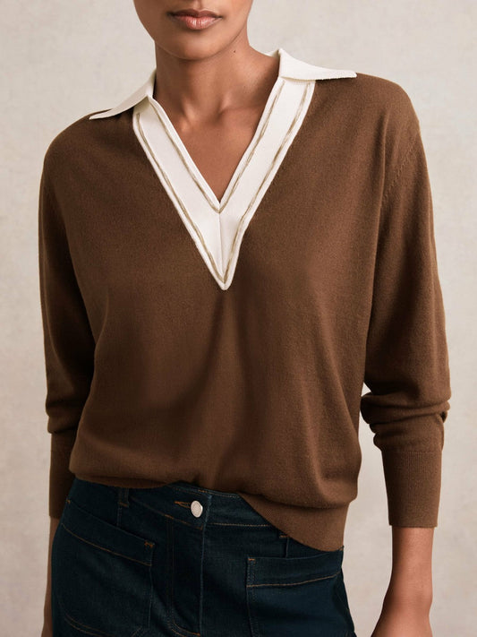 Wool Collared Cricket Jumper Chocolate Brown/Ivory | Women