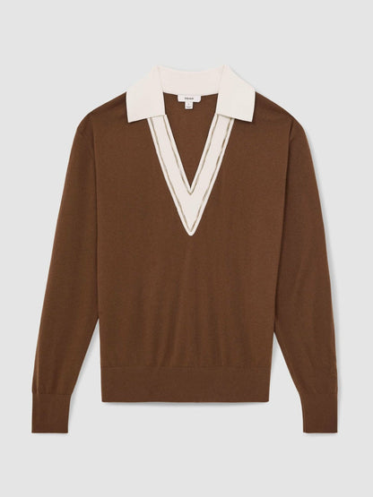 Wool Collared Cricket Jumper Chocolate Brown/Ivory | Women