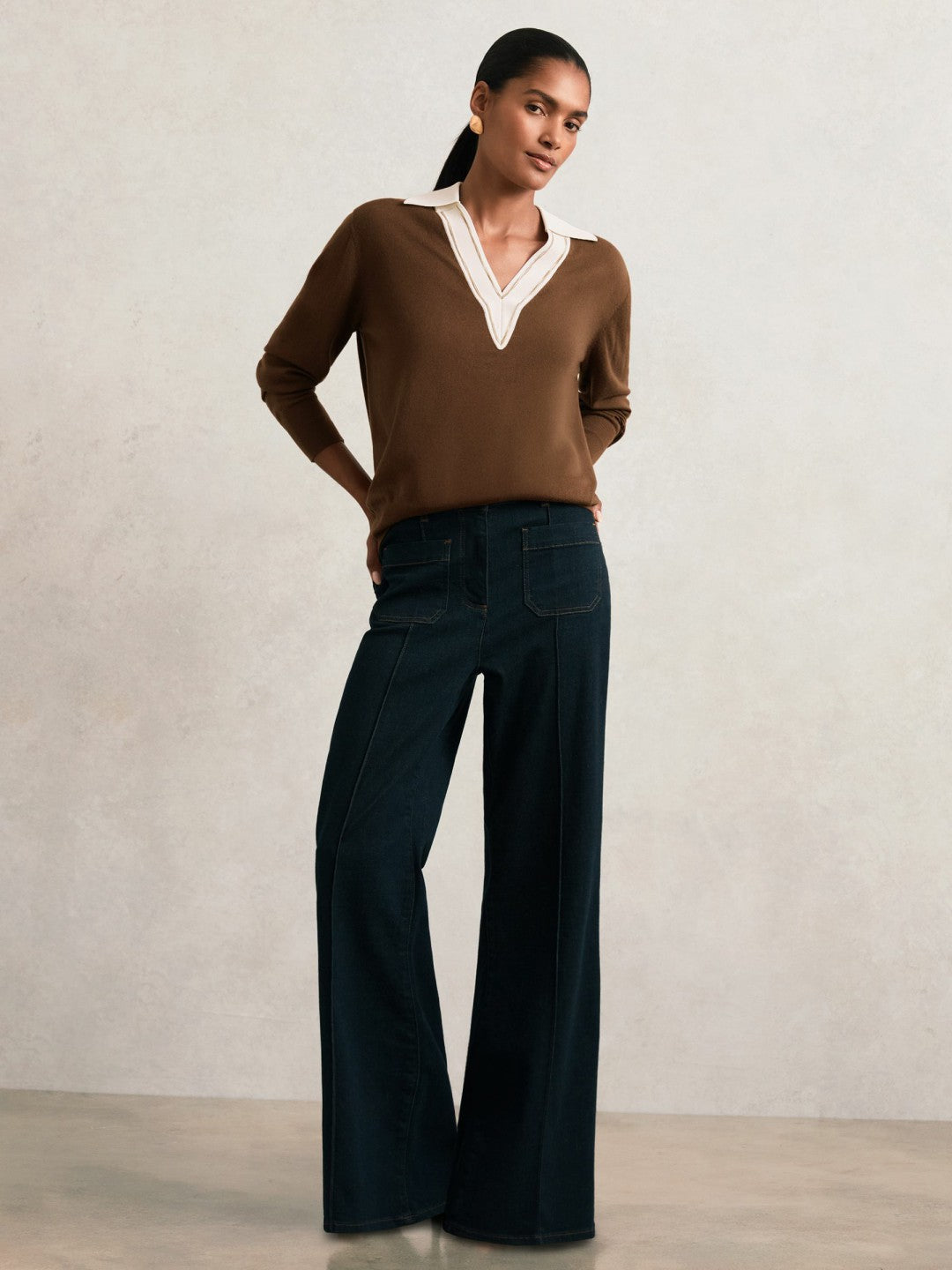 Wool Collared Cricket Jumper Chocolate Brown/Ivory | Women