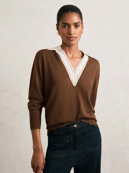Wool Collared Cricket Jumper Chocolate Brown/Ivory | Women