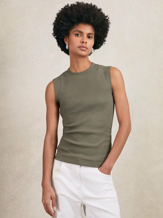 Ribbed Ruched Waist Vest Khaki Green | Women