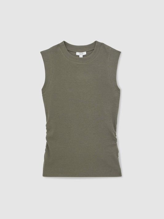 Ribbed Ruched Waist Vest Khaki Green | Women