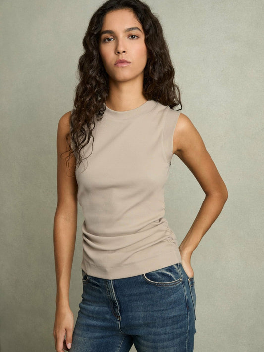 Ribbed Ruched Waist Vest Camel | Women