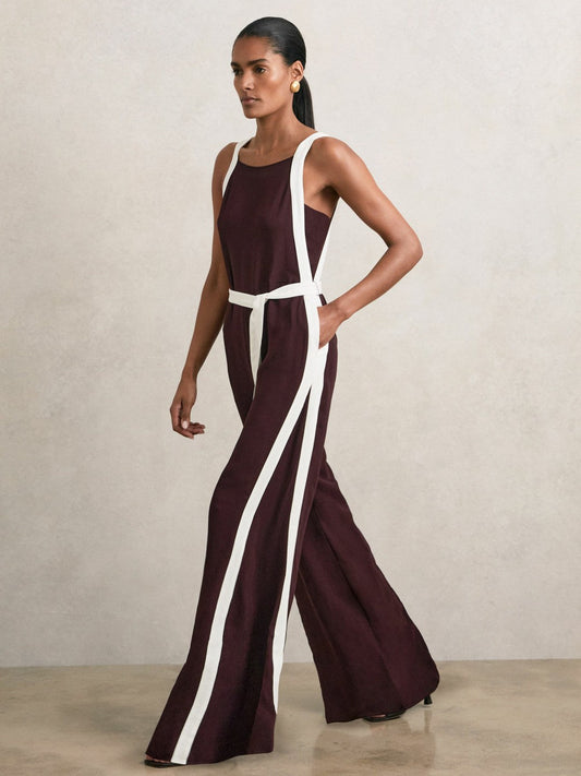Petite Colourblock Wide Leg Belted Jumpsuit Burgundy/Cream | Women