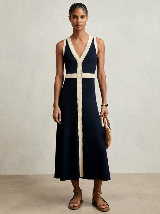 Craft-Stitch Knitted Midi Dress Navy | Women