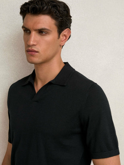 Merino Wool Open Collar Polo Shirt Black | Men