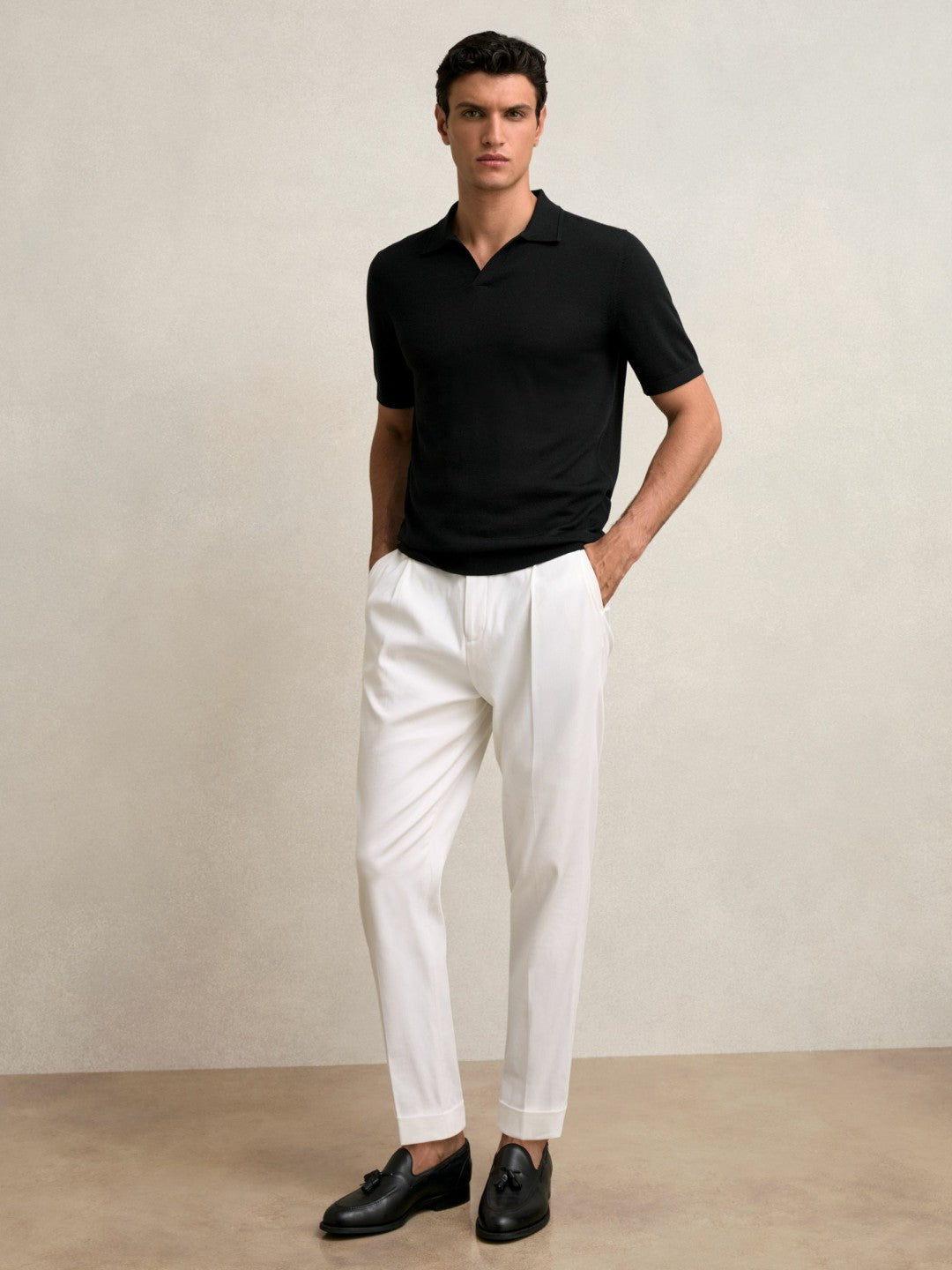Merino Wool Open Collar Polo Shirt Black | Men