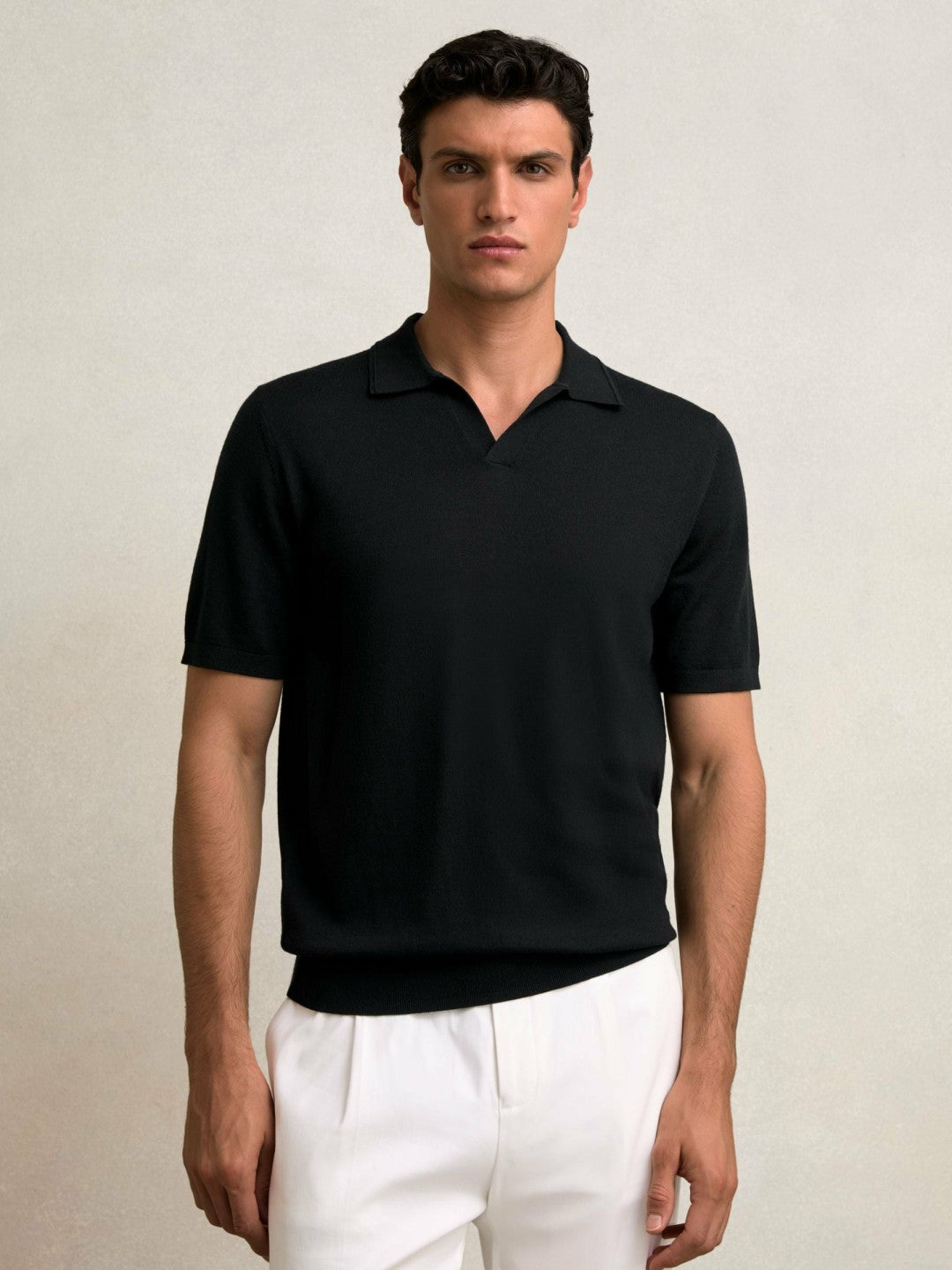 Merino Wool Open Collar Polo Shirt Black | Men