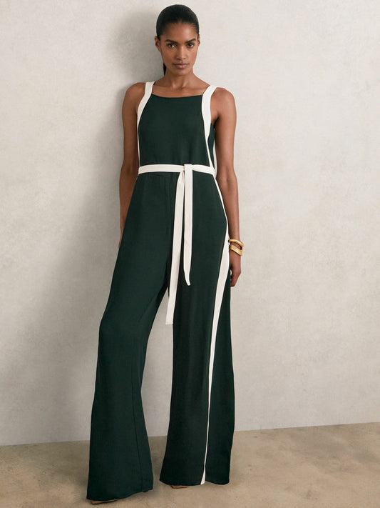 Petite Colourblock Wide Leg Belted Jumpsuit Dark Green/Cream | Women