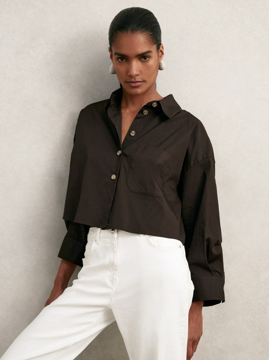 Oversize Cotton Cropped Shirt Chocolate Brown | Women