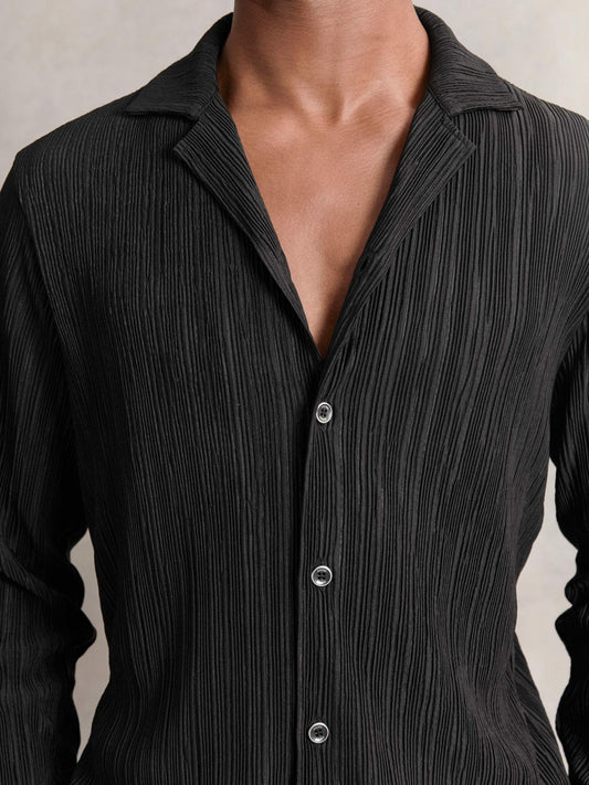 Plissé Cuban-Collar Long-Sleeve Shirt Black | Men