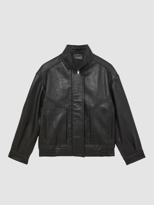 Oversize Grained-Leather Bomber Jacket Black | Women