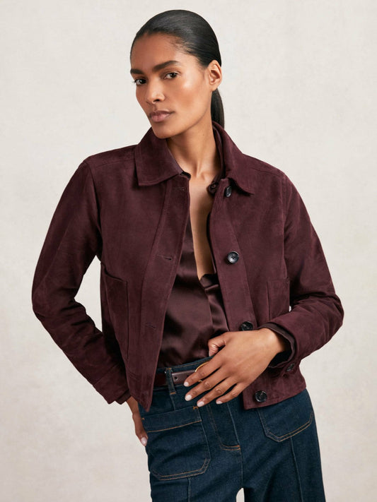 Suede Button Through Jacket Burgundy | Women