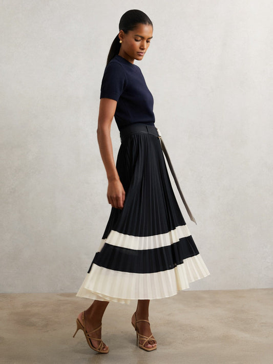Belted Pleated Midi Skirt Navy/Ivory | Women