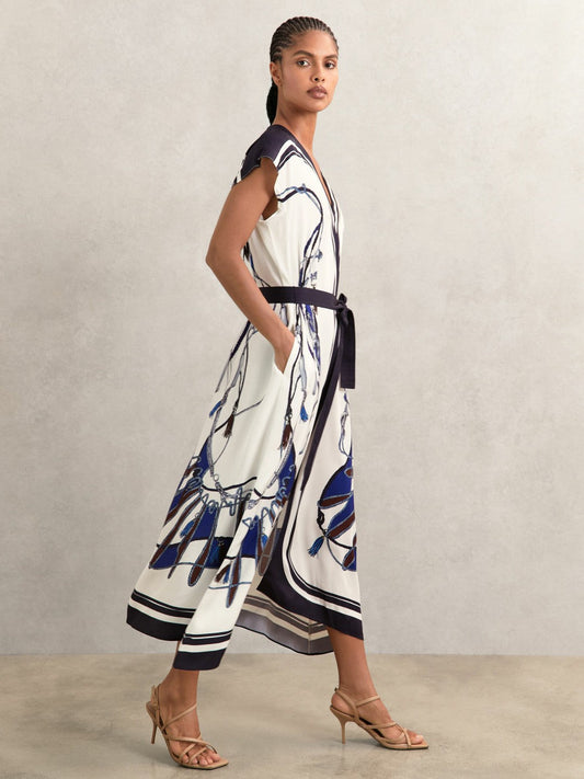 Scarf-Print V-Neck Belted Midi Dress Blue/Brown | Women