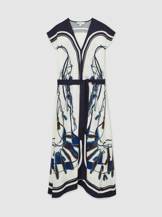 Scarf-Print V-Neck Belted Midi Dress Blue/Brown | Women