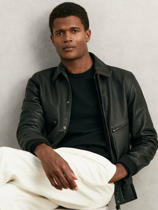 Grained Leather Zip Through Jacket Black | Men