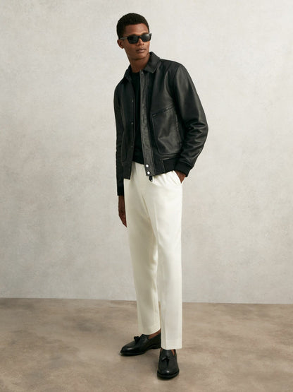 Grained Leather Zip Through Jacket Black | Men