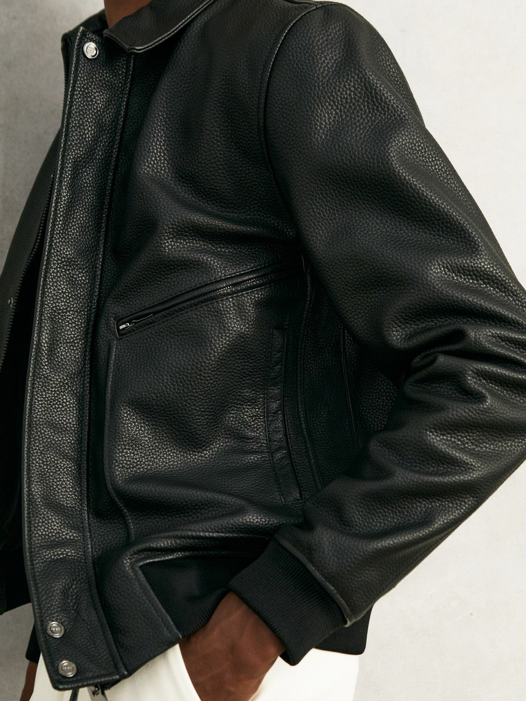 Grained Leather Zip Through Jacket Black | Men