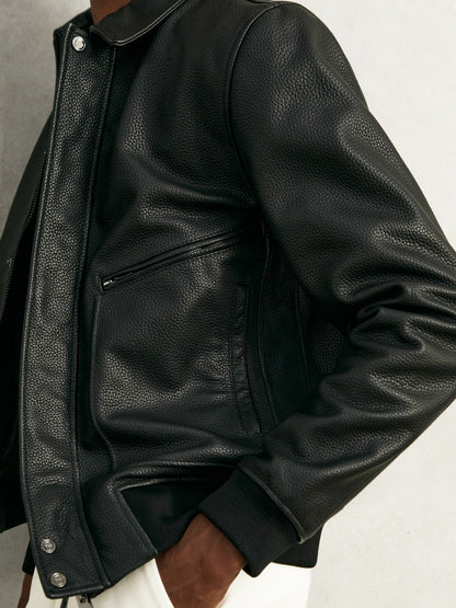 Grained Leather Zip Through Jacket Black | Men