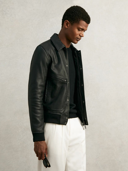 Grained Leather Zip Through Jacket Black | Men