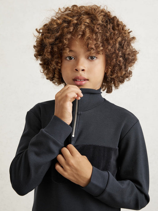 9-13 yrs Slim Fit Half-Zip Funnel Neck Velour Sweatshirt Navy Blue | Children & Baby