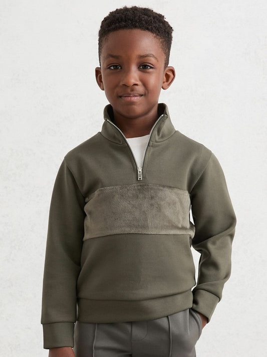 3-9 yrs Slim Fit Half-Zip Funnel Neck Velour Sweatshirt Dark Sage Green | Children & Baby
