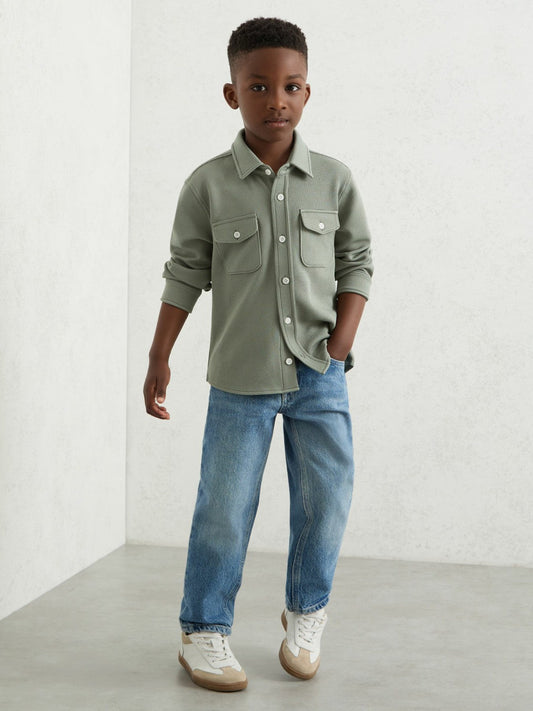 9-13 yrs Waffle-Textured Twin-Pocket Overshirt Sage | Children & Baby
