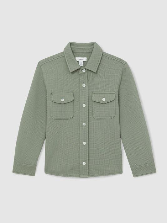 9-13 yrs Waffle-Textured Twin-Pocket Overshirt Sage | Children & Baby