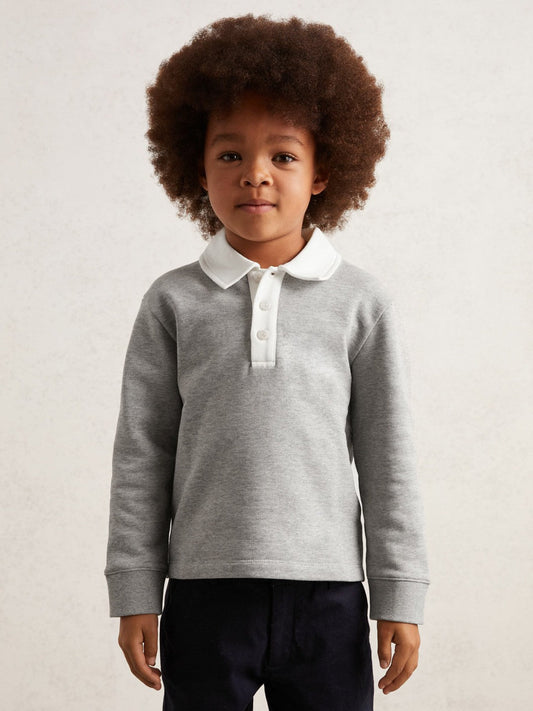 Cotton Half-Button Rugby Polo Shirt Grey Marl/White | Children & Baby