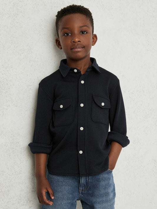 9-13 yrs Waffle-Textured Twin-Pocket Overshirt Navy | Children & Baby