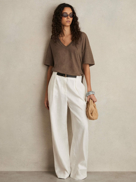 Linen V-Neck T-Shirt Brown | Women