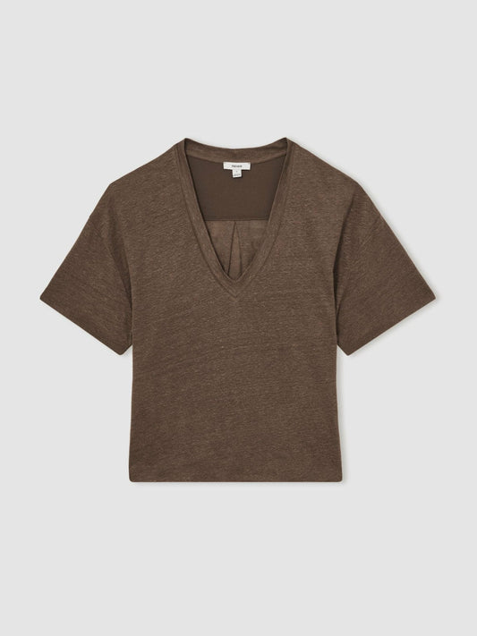 Linen V-Neck T-Shirt Brown | Women