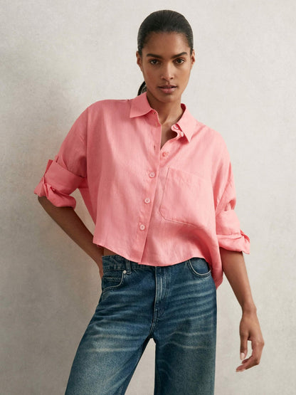 Oversize Linen Cropped Shirt Pink | Women