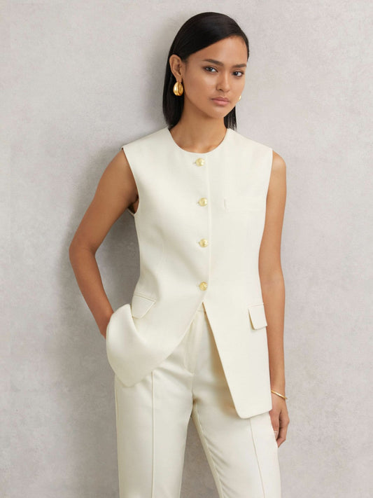 High-Neck Longline Waistcoat Cream | Women