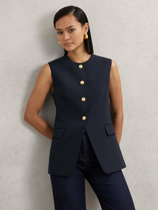 High-Neck Longline Waistcoat Navy | Women