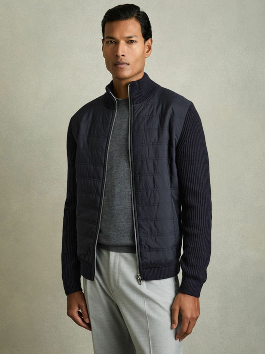 Hybrid Quilt and Knit Zip-Through Jacket Navy | Men