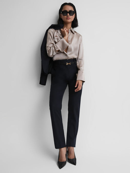 Wool Blend Tapered Suit Trousers Navy | Women