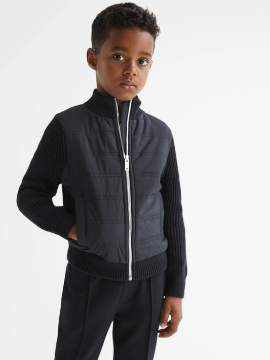 Junior Hybrid Zip Through Quilted Jacket Navy | Children & Baby
