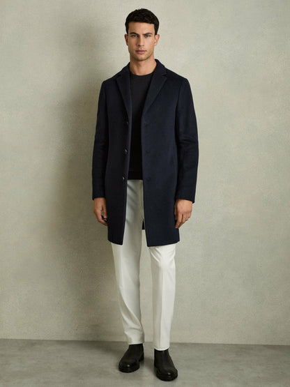 Wool Blend Single Breasted Epsom Overcoat Navy | Men