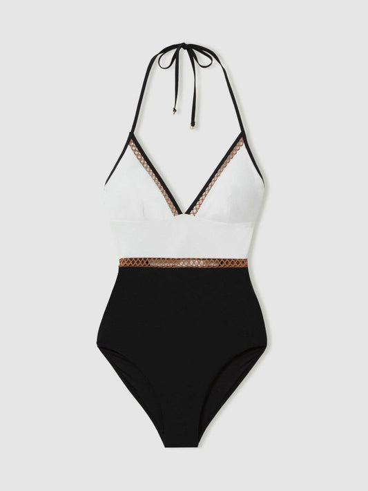 Colourblock Halter Swimsuit White/Tan | Women