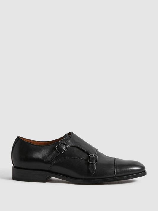 Leather Double Monk Strap Shoes Black | Men