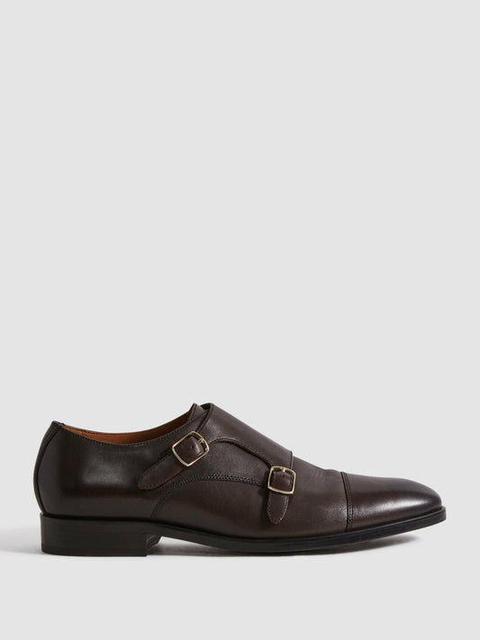Leather Double Monk Strap Shoes Dark Brown | Men