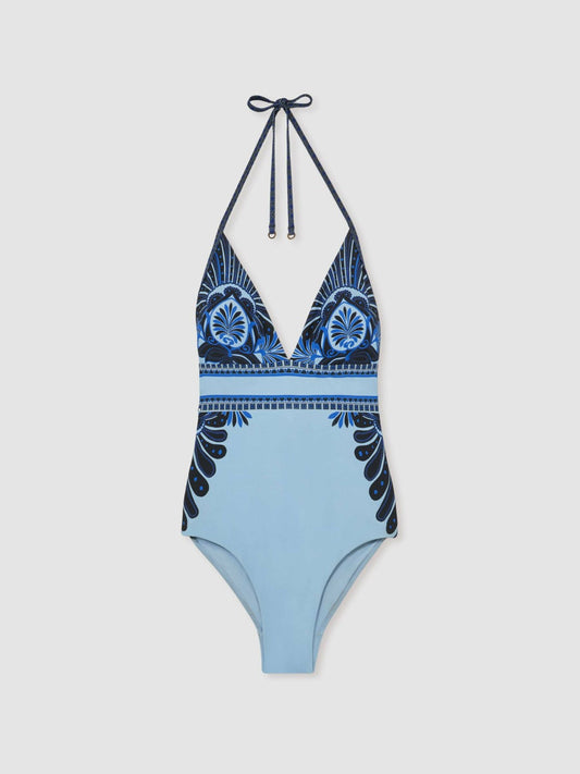 Halterneck Printed Swimsuit Blue | Women