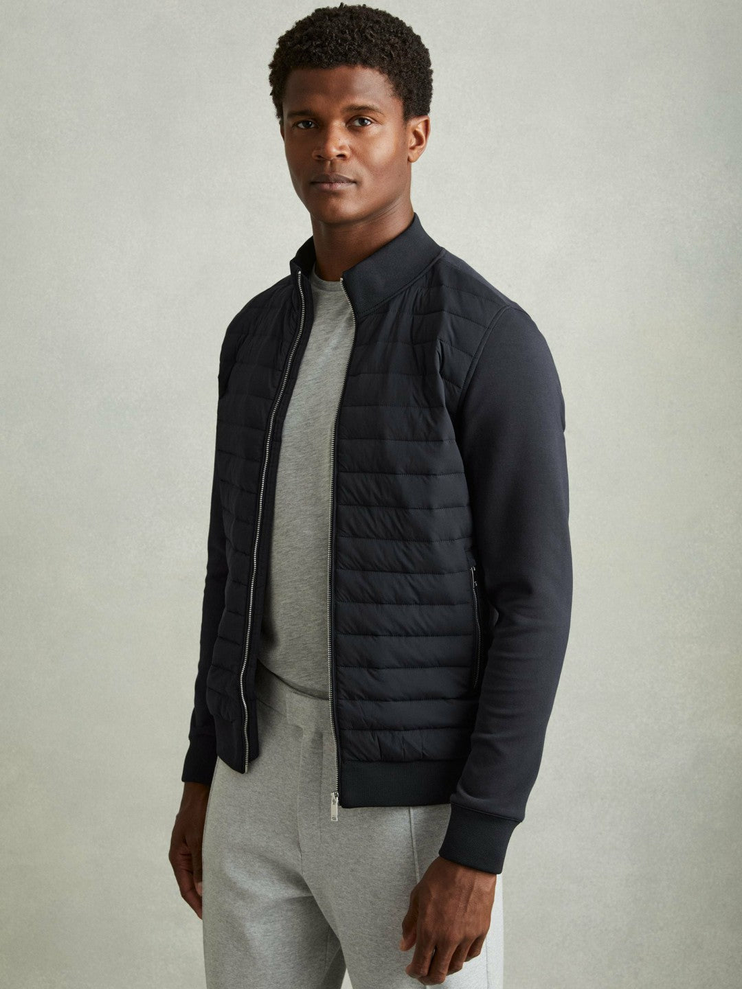 Hybrid Quilt and Knit Zip-Through Jacket Navy | Men